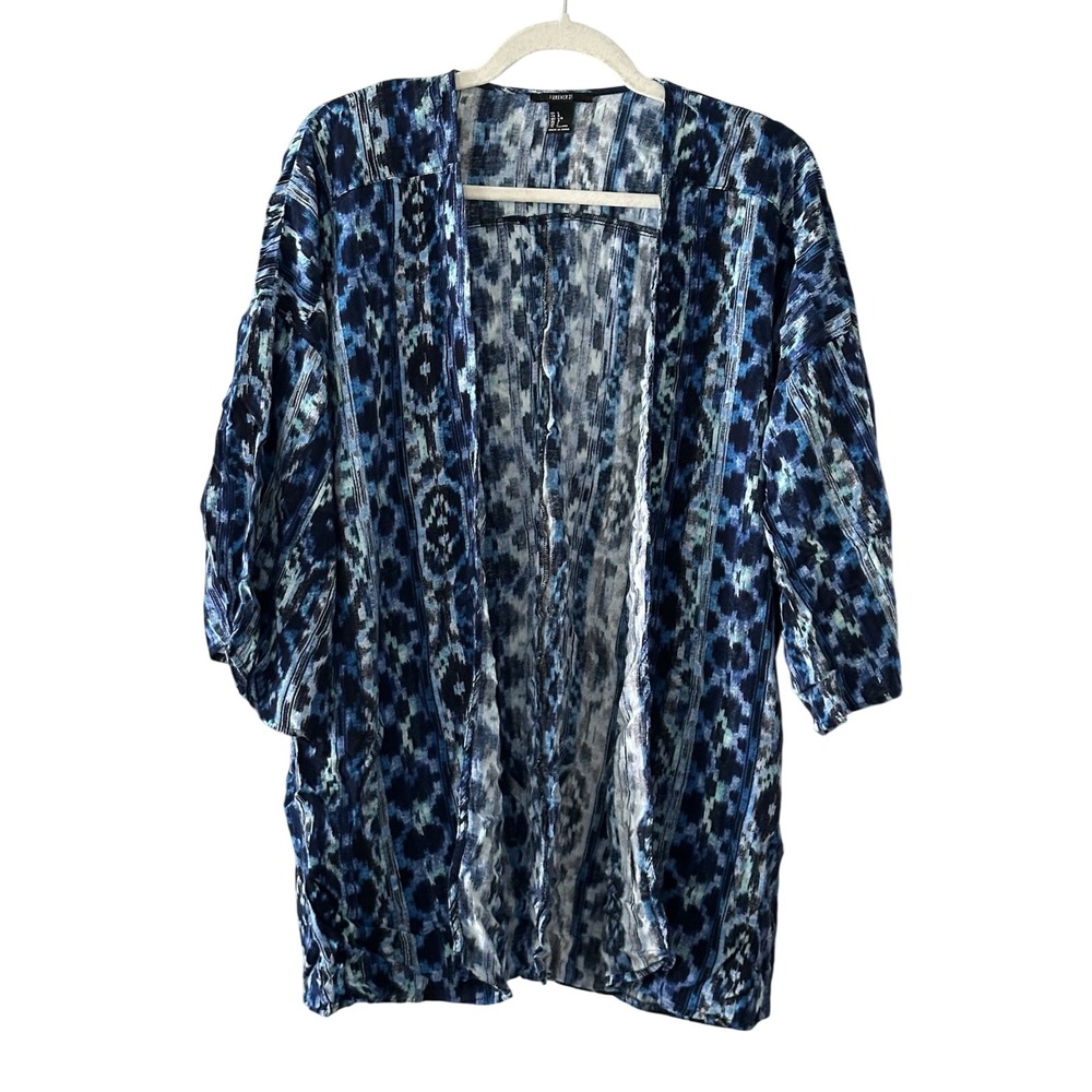 Forever 21 Women's L Open Front Top Blouse Elbow Sleeve Blue Cream | SKU 0924
